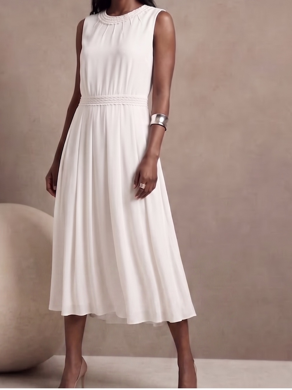 Beautiful White Silky Rayon Sleeveless Midi Dress with Lace Trim